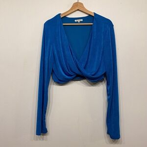 Remi x REVOLVE Blue Twist Front Long Sleeve Crop Top 2X Cobalt Shimmer V-Neck